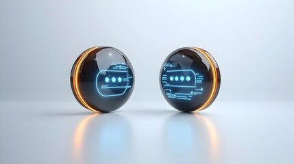 Leinwandbilder - Sleek and glossy 3D speech bubbles with glowing edges featuring an ellipsis and futuristic design set against a clean white background for a modern messaging or communication concept
