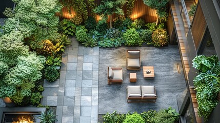 a podium garden setting located in the middle of a residential building. feature a cozy seating area