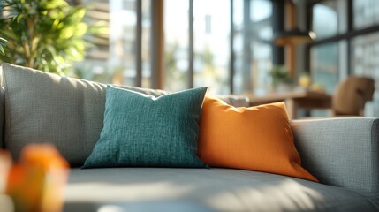 A contemporary living room showcases a comfortable gray sofa complemented by vibrant teal and orange pillows, offering a stylish and welcoming look.