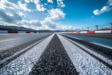 Wide angle view empty asphalt international race track with start and finish line , motion blur effect apply