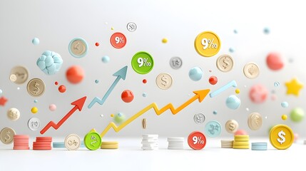 Fototapete - Playful plasticine 3D depicting percent icons arrows and coins to symbolize economic shifts price increase and decrease in a vibrant and conceptual style