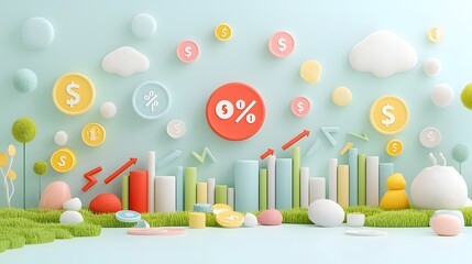 Fototapete - Vibrant Plasticine 3D Depicting Economic Shifts Price Increases and Decreases Represented by Percent Icons Arrows and Coins in a Conceptual and Graphical Style