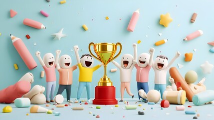 Vibrant 3D Plasticine of a Motivated Business Team Joyfully Celebrating Their Success and Achievements with a Trophy Symbolizing Teamwork and Corporate Victory