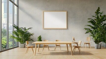 Aufkleber - Spacious and Luminous Contemporary Office Interior Featuring a Concrete Wall with an Empty Poster Frame Bathed in Natural Sunlight Streaming Through Floor to Ceiling Windows