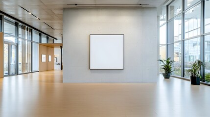 Fototapete - Minimalist concrete wall with an empty frame in a naturally lit office interior creating an ideal advertising or display space  The clean and simple design features textured concrete large windows