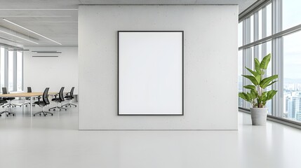 Fototapete - Sleek and minimalist empty poster frame mounted on a concrete wall in a modern office space illuminated by soft natural light from large windows   perfect for advertising promotion