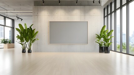 Aufkleber - Bright and open office workspace with a sleek concrete wall and an empty frame perfectly illuminated by natural light streaming through large windows