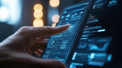 Poster - A hand interacting with a digital tablet displaying data analytics and interface designs.