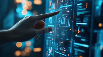 Aufkleber - A hand interacting with a digital interface displaying data and analytics.