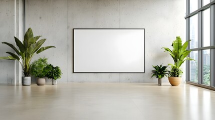 Aufkleber - Bright and airy office interior featuring a concrete wall and an empty frame offering an ideal space for visual advertising or product display