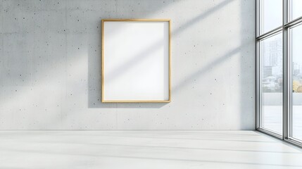 Aufkleber - Empty poster frame mounted on a plain concrete wall in a bright modern office interior with natural sunlight streaming through the windows