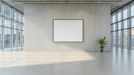 Aufkleber - Minimalist and modern office interior with expansive windows bathed in natural light featuring an empty frame on a concrete wall providing prime advertising or display space