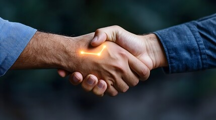 Powerful digital handshake with glowing link between two hands symbolizing the strength and trust of collaborative partnerships and successful business alliances