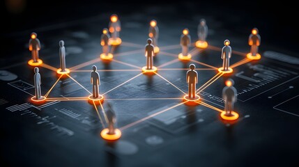Fototapete - A digital abstract image depicting a network of interconnected figures linked by glowing paths symbolizing the power of community driven goals