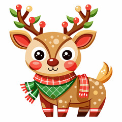 Wall Mural - A cute cartoon reindeer is adorned with a festive red and green scarf