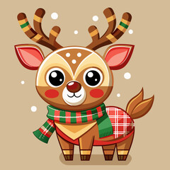 Wall Mural - A cute cartoon reindeer is adorned with a festive red and green scarf