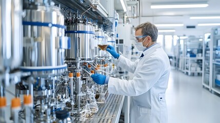 Poster - Scientist in lab coat closely analyzing biofuel samples using advanced processing technology and equipment in a modern laboratory setting exploring renewable and sustainable energy solutions