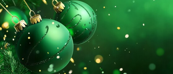 A green Christmas tree with two green ornaments hanging from it