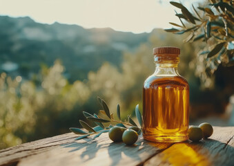 olive oil bottle on wooden table -olive forest background