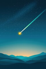 A captivating illustration of a shooting star lighting up the night sky over serene mountains. This artwork evokes wonder and tranquility in a cosmic landscape.