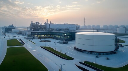 Poster - Striking architectural design of a sleek contemporary fuel storage facility featuring high tech processing equipment and infrastructure in an urban industrial setting