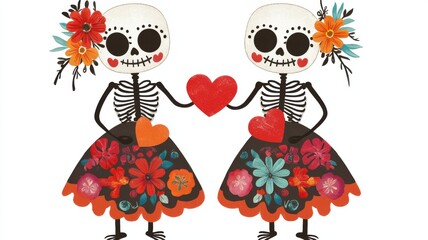 Two colorful skeletons in floral skirts hold red hearts, symbolizing love and celebration, reminiscent of Día de los Muertos.