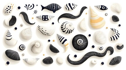 Poster - Graceful Seashell Harmony Flowing Seaweed in Monochrome Depicting the Tranquil Beauty of Oceanic Elements in a Scratch Board Engraving Style