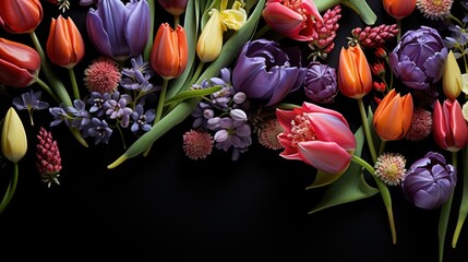 Wall Mural - A symphony of colors vibrant red, orange, and purple tulips with delicate pink and purple blossoms on a black background.