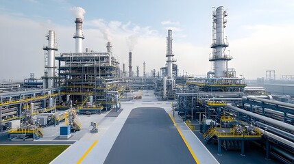 Poster - Cutting edge high tech fuel processing facility featuring a complex network of pipelines sleek industrial architecture and advanced engineering technology