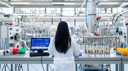 Poster - High Tech Laboratory Setting with Scientist in Lab Coat Analyzing Biofuel Samples and Processing Data Using Modern Research Technology and Equipment for Sustainable Energy Solutions