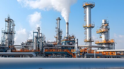 Poster - Close up detailed view of intricate refinery pipes with steam rising