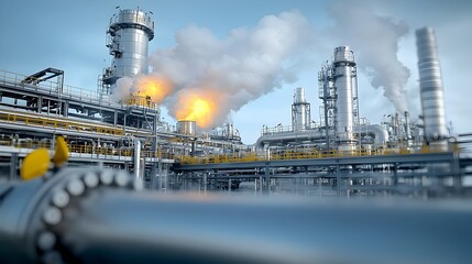 Poster - Close up detailed view of industrial refinery pipes with rising steam emphasizing the intense heat and energy of the fuel processing system in a manufacturing facility