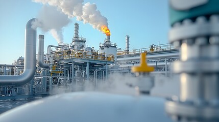 Poster - Detailed close up view of steam rising from the surface of refinery pipes showcasing the active fuel processing and intense heat of industrial within the facility