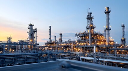 Poster - Imposing industrial oil refinery complex illuminated with warm glowing lights as the sun sets showcasing the immense scale complexity and technological sophistication of the facility