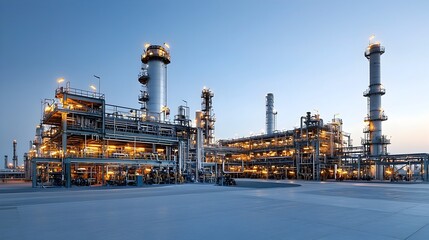 Poster - Vast oil refinery facility silhouetted against the warm glowing colors of the picturesque sunset sky with the industrial structures illuminated and reflecting in the dusk lighting