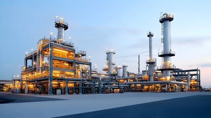 Poster - Sunset over a large oil refinery with glowing lights illuminating the intricate pipes towers and other industrial structures blending the fading daylight into the dynamic urban scene