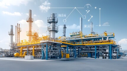 Poster - Futuristic fuel refinery featuring a maze of complex pipelines and cutting edge industrial design emphasizing advanced fuel processing systems and efficient energy production