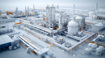 Poster - Sleek industrial design of a modern fuel refinery featuring a complex network of interlocking pipelines and state of the art production machinery