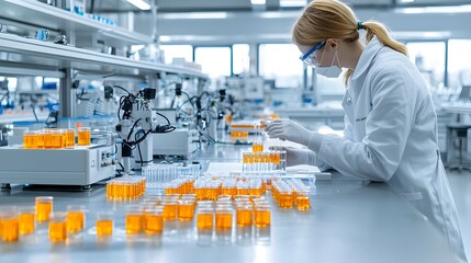 Poster - Scientist in lab coat analyzing biofuel samples using cutting edge processing equipment and technology in a modern high tech laboratory setting  Researching renewable energy solutions and innovations