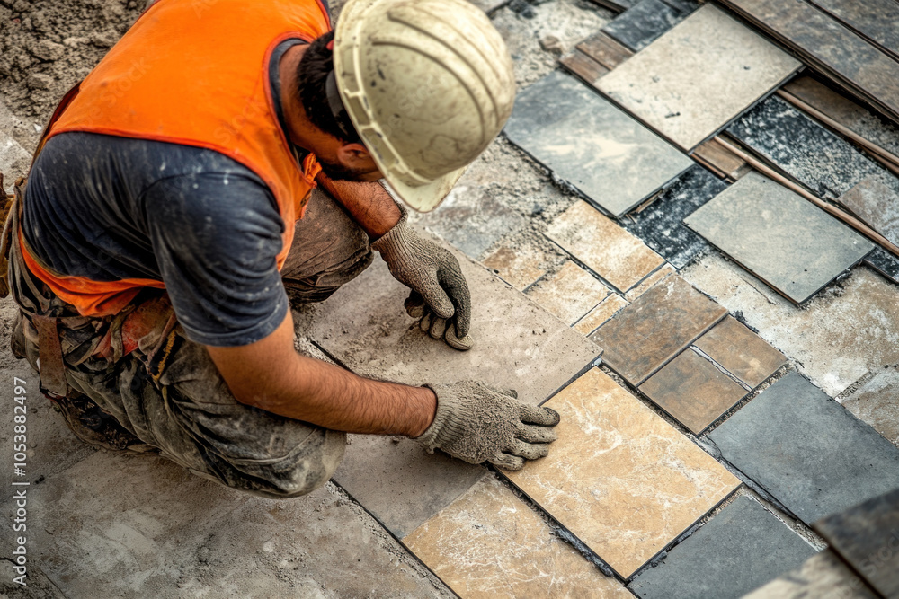Man laying tile on floor with tools and materials around him in a ...