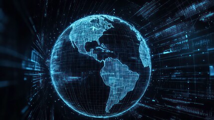 Fototapete - A digital representation of Earth surrounded by data streams, symbolizing global connectivity.