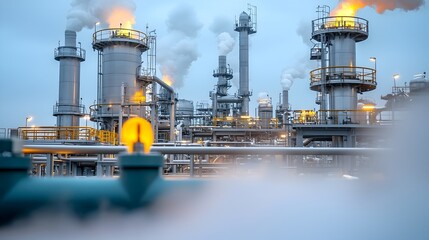 Poster - Intricate Interconnected Refinery Pipes with Rising Steam Depicting the Heat and Action of Advanced Industrial Fuel Processing