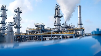 Poster - Closeup view of sleek metallic refinery pipes with billowing steam showcasing the intense technological might and advanced fuel processing capabilities of modern industrial facilities