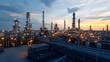 © NKCoolper - Massive oil refinery complex with towering structures and machinery illuminated by glowing lights at dusk set against a vibrant and dramatic sunset sky in the background