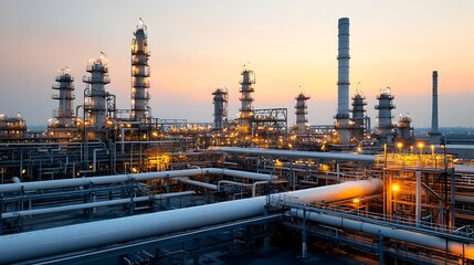 Poster - Massive industrial oil refinery complex with intricate pipelines and towers illuminated by the soft golden glow of the setting sun creating a dramatic and atmospheric industrial landscape