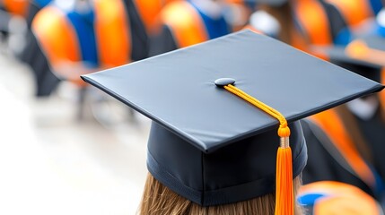 Leinwandbilder - Close up view of a tilted graduation cap or mortarboard against a minimalist clean background with empty space representing the completion of education and academic success