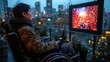 © Emiliia - A wheelchair user enjoys an evening rooftop cinema experience with city skyline views