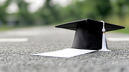 Poster - Graduation cap resting on a plain surface with empty space in the center symbolizing the accomplishment and milestone of academic achievement through higher education and learning