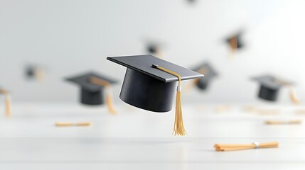Poster - Floating graduation cap with empty space surrounding it in a conceptual minimalist design representing academic achievement scholarly success and the power of knowledge and education