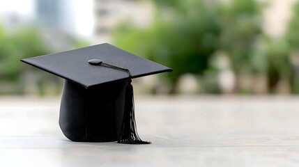 Poster - Elegant Black Graduation Cap in Sharp Focus with Blurred Background and Empty Space in the Middle Symbolizing Academic Achievement and New Opportunities
